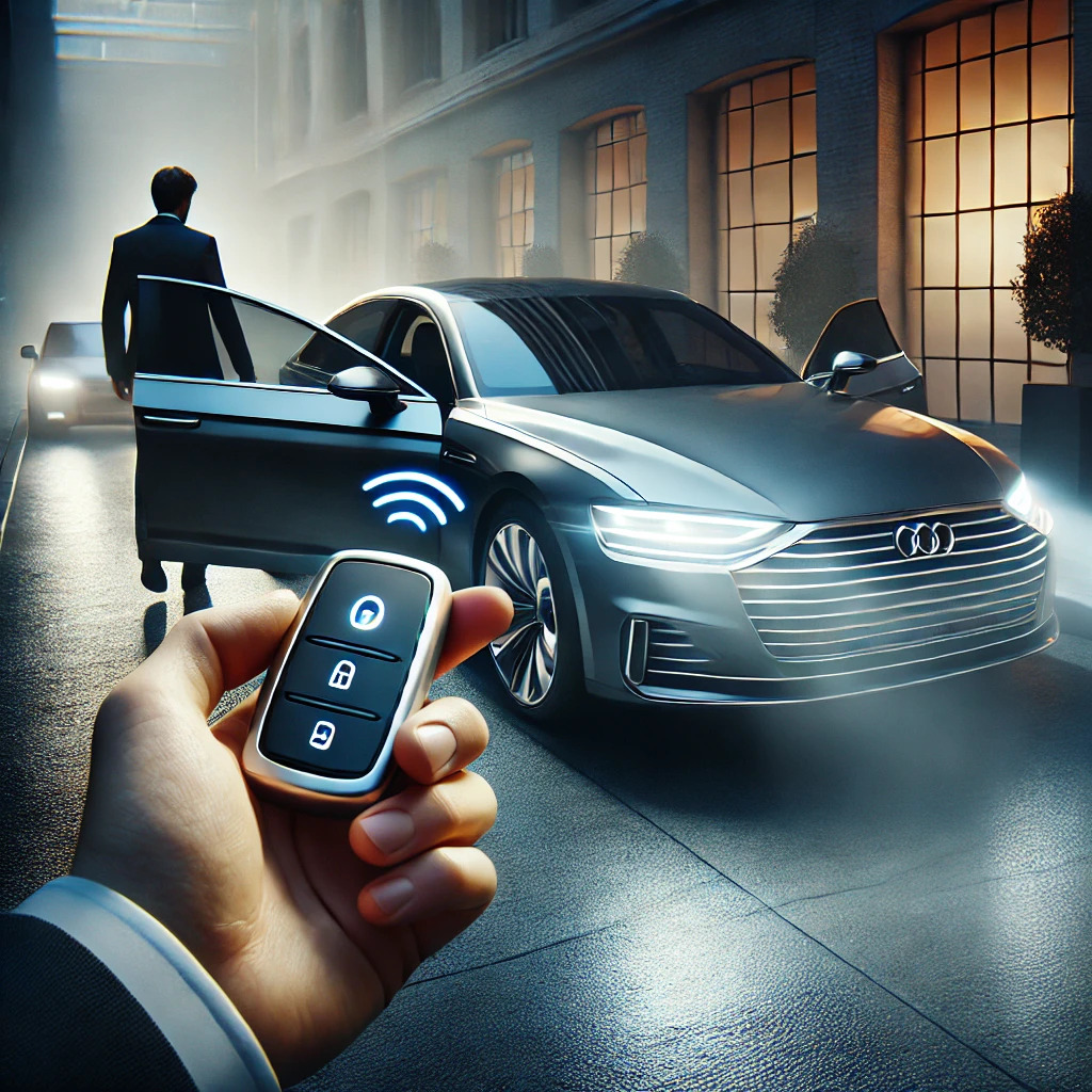 A modern car in a well-lit urban setting with keyl